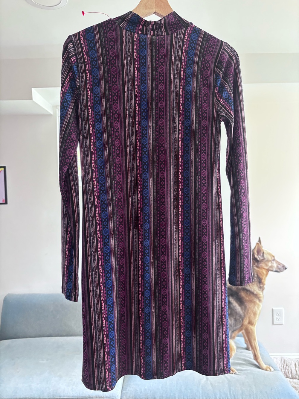 BCBGeneration Purple GeometricStriped Mock Neck Long-Sleeve Dress